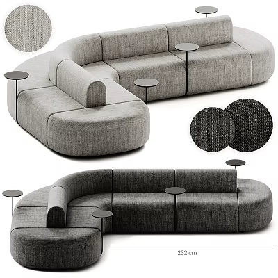 Modern Gray Fabric Sectional Sofa With Curved Modular Design And Small Round Side Tables 3d model