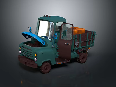 Vintage Green Truck With Open Hood Door And Orange Crates In Cargo Bed 3d model