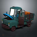 Vintage Green Truck With Open Hood Door And Orange Crates In Cargo Bed