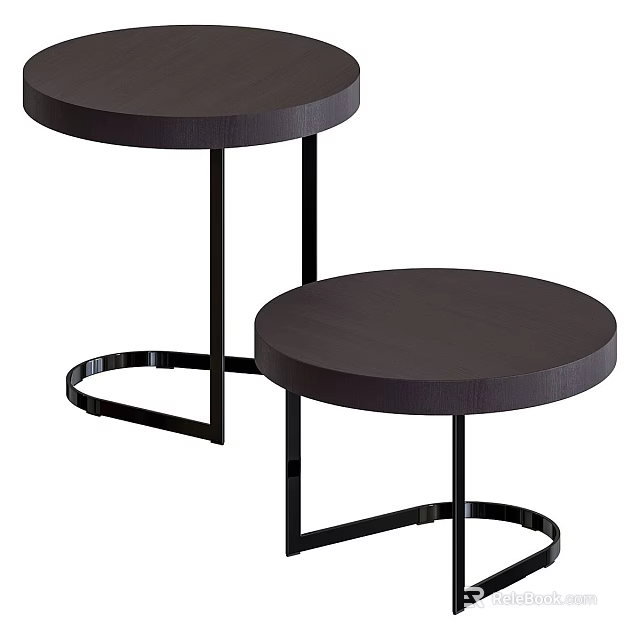 Modern Black Nesting Side Tables With Round Wooden Top And Metal Frame 3d model 