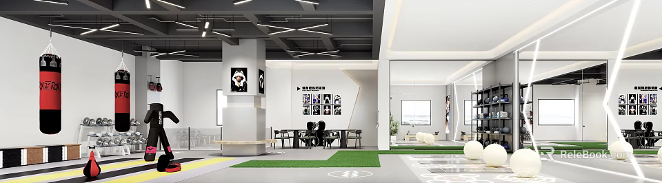 Modern Fitness Studio Interior With People Exercising And Training Equipment Layout 3d model 