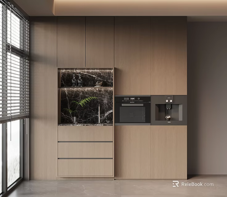 Modern Wood Grain Sideboard Cabinet With Built In Oven Water Dispenser And Open Storage Shelves 3d model 