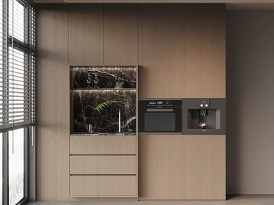 Modern Wood Grain Sideboard Cabinet With Built In Oven Water Dispenser And Open Storage Shelves 3d model