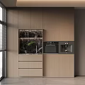 Modern Wood Grain Sideboard Cabinet With Built In Oven Water Dispenser And Open Storage Shelves