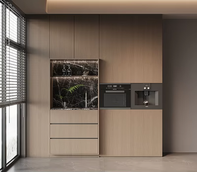 Modern Wood Grain Sideboard Cabinet With Built In Oven Water Dispenser And Open Storage Shelves 3d model