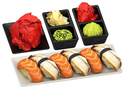 Fresh Sushi Rolls on White Plate with Black Containers of Pickled Ginger Wasabi and Slices 3d model