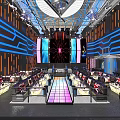 Futuristic Modern Bar Interior With Neon Lights Blue Orange Lighting And Stage Seating