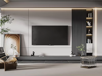 Modern TV Wall Design With Flat Screen Decorative Panels Shelves Ambient Lighting And Artwork 3d model
