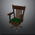 Classic Wooden Chair With Armrests Green Padded Seat And Wheels