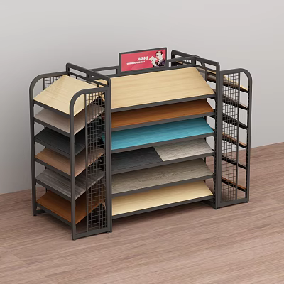Flooring Materials Store Featuring Metal Frame Display Rack With Various Color Wooden Panels 3d model