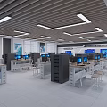 Modern Public Office Space With Multiple Workstations Computers Ergonomic Chairs And Ceiling Lights 3d model