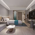 Hotel Room Interior With Large Bed Bedside Wall Lamps Sofa Coffee Table And Decorative Painting