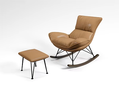 Brown Leather Rocking Accent Chair with Matching Ottoman and Black Metal Frame 3d model