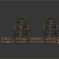 Two Wooden Log Cabins With Gabled Roofs And Wooden Planks Walkway Platform