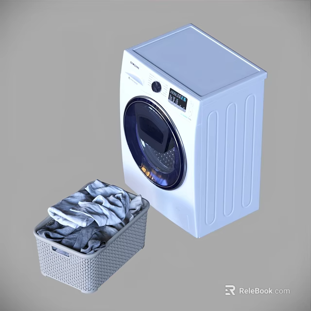 Modern White Front Loading Washing Machine With Laundry Basket Filled With Clothes 3d model