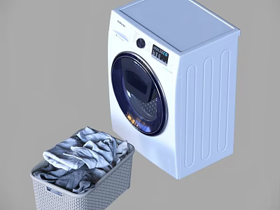 Modern White Front Loading Washing Machine With Laundry Basket Filled With Clothes 3d model