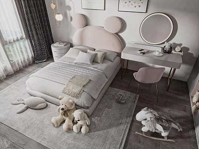 Pink Kids Bed With Mickey Mouse Ear Headboard Soft Bedding Plush Toys And Rocking Horse 3d model