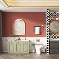 Light Green Dark Gray Bathroom Cabinets With Arched Round Mirrors Red Wall Geometric Pattern 3d model