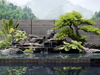 Tranquil Garden Feature With Rockery Waterfall Pine Tree And Green Plants In Reflective Pond 3d model