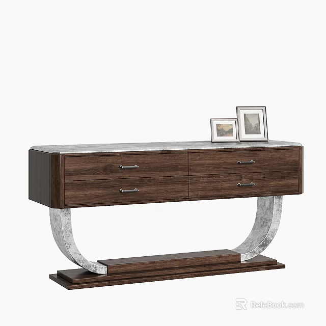 Modern Console Table With Wooden Cabinet Functional Drawers Marble Top Metal Legs And Decorative Frames 3d model 