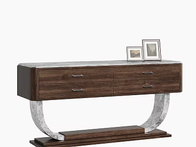 Modern Console Table With Wooden Cabinet Functional Drawers Marble Top Metal Legs And Decorative Frames 3d model