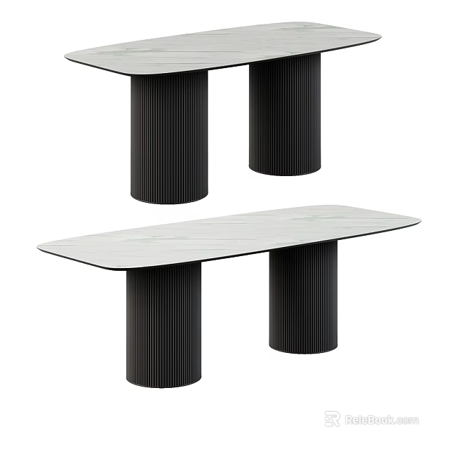 Modern Dining Table with Light Colored Marble Top and Black Ribbed Legs in Sleek Design 3d model 