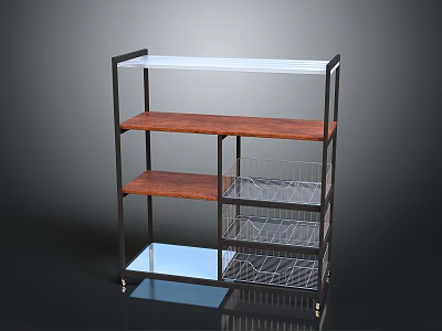 Modern Storage Shelf With Metal Frame Wooden Shelves Wire Baskets And Wheels 3d model