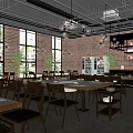 Industrial Style Hotpot Restaurant Interior With Brick Walls Hanging Lights Dining Tables And Green Plants