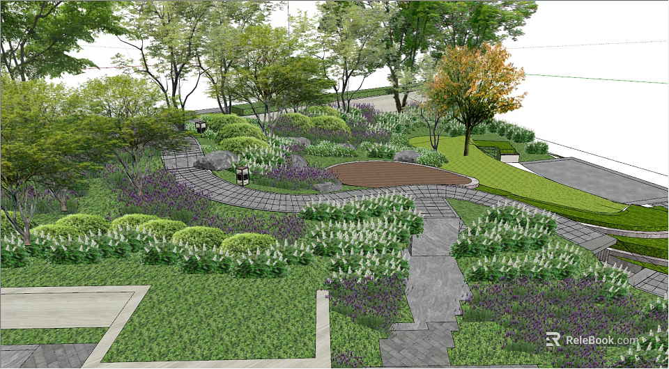 Beautiful Garden Landscape With Winding Path Lush Plants Trees And Colorful Flowers 3d model 