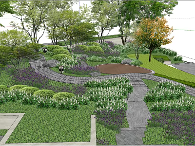 Beautiful Garden Landscape With Winding Path Lush Plants Trees And Colorful Flowers 3d model