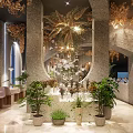 Luxurious Restaurant Interior Design With Chandeliers Green Plants Marble Dining Tables Arched Windows Leather Seats
