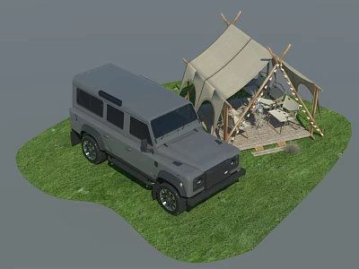 Gray Off Road SUV Parked Near Camping Tent With Tables And Chairs On Grass 3d model