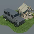 Gray Off Road SUV Parked Near Camping Tent With Tables And Chairs On Grass
