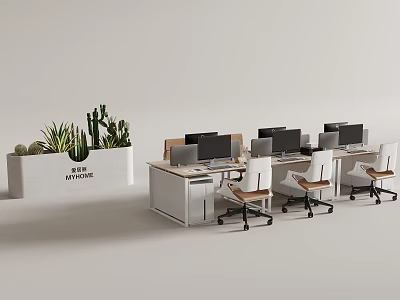 Modern Office Desk Setup With Multiple Computer Monitors Ergonomic Chairs And Potted Cactus Plants 3d model