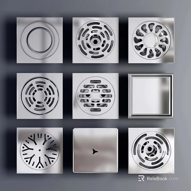 Stainless Steel Bathroom Floor Drains With Various Round Square Designs And Patterns 3d model 