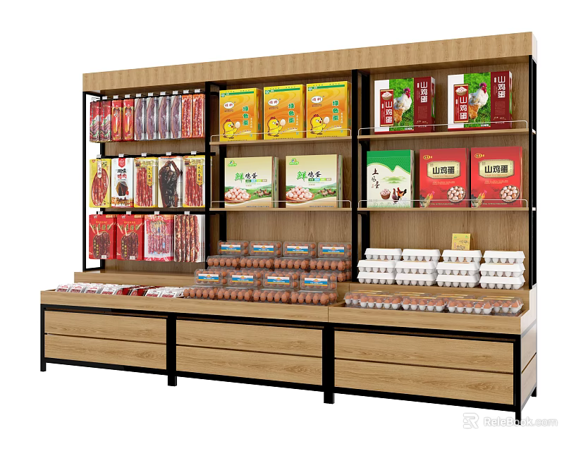 Retail Display Shelving With Multi Tiered Racks For Boxed Goods And Eggs 3d model 