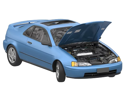 Blue Two Door Car With Open Hood Showing Engine And Engine Bay Details 3d model
