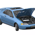 Blue Two Door Car With Open Hood Showing Engine And Engine Bay Details