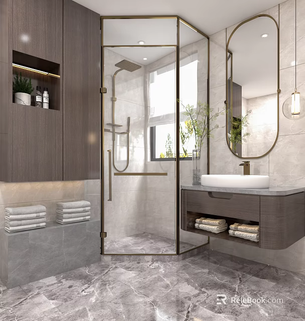 Modern Luxury Bathroom Interior With Golden Shower Fixtures Marble Tiles And Wood Vanity Cabinets 3d model 