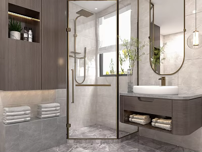 Modern Luxury Bathroom Interior With Golden Shower Fixtures Marble Tiles And Wood Vanity Cabinets 3d model