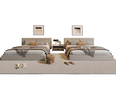 Two Single Beds With Gray Headboards Pillows Blankets Nightstand Lamp Wall Art And Rug 3d model