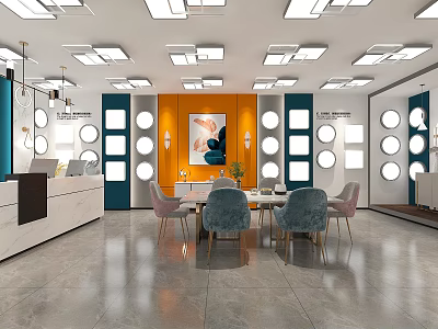 Modern Furniture Store Interior With Reception Desk Dining Table Chairs And Ceiling Lights 3d model