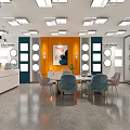 Modern Furniture Store Interior With Reception Desk Dining Table Chairs And Ceiling Lights