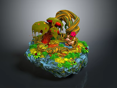 Fantasy Plant Landscape With Twisted Tree Trunks Green Foliage Red Mushrooms And Pink Flowers 3d model
