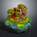 Fantasy Plant Landscape With Twisted Tree Trunks Green Foliage Red Mushrooms And Pink Flowers