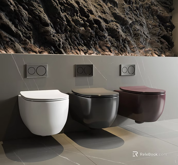 Modern Wall Mounted Toilets in White Black and Burgundy with Flush Buttons on Gray Wall 3d model 