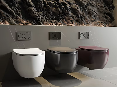 Modern Wall Mounted Toilets in White Black and Burgundy with Flush Buttons on Gray Wall 3d model