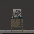 Stylish Entryway Console Cabinet With Turquoise Trim Wooden Legs Panel Line Art And Decorative Figurines