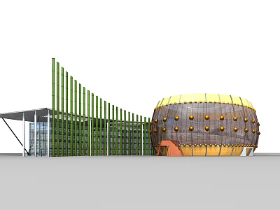 Modern Office Building Featuring Green Vertical Stripes And Drum Shaped Gold Decor 3d model