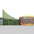 Modern Office Building Featuring Green Vertical Stripes And Drum Shaped Gold Decor